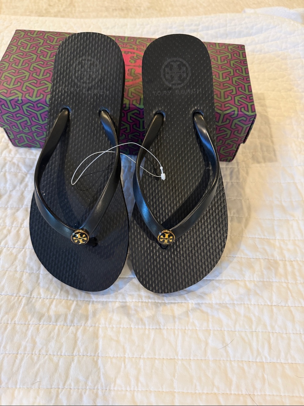 Tory Burch Black Flip Flop Sandals with Gold Logo
